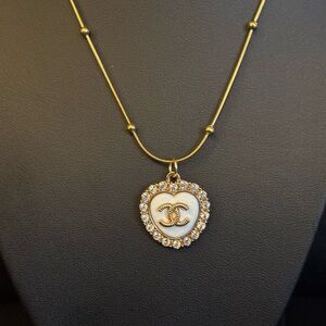 Chanel Zipper Pull Gold and White Heart Pendant Necklace